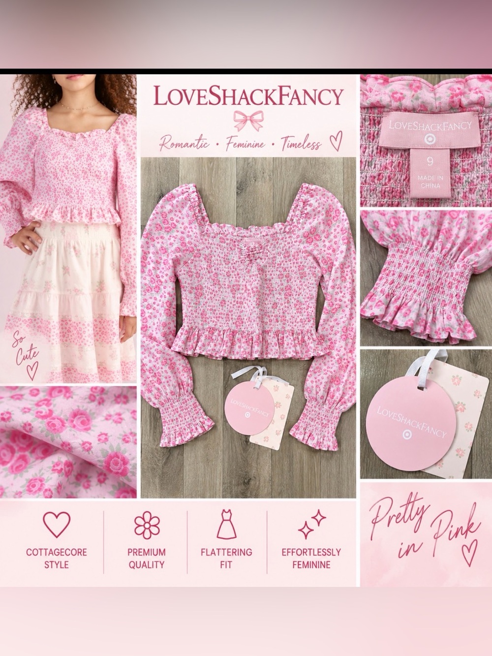 LoveShackFancy x Target Pink Floral Smocked Crop Top Size 9 NWT Puff Sleeve